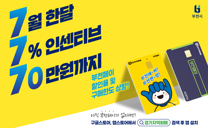 7월 한달 7% 인센티브 70만원까지 부천페이 할인율 및 구매한도 상향! 아직 부천페이가 없다면? 구글스토어, 앱스토어에서 경기지역화폐 검색 후 앱 설치